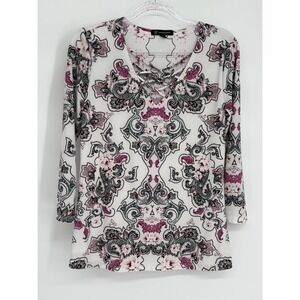 INC International Concepts Womens Paisley Lace Up V-Neck 3/4 Slv‎ Top White Sz S